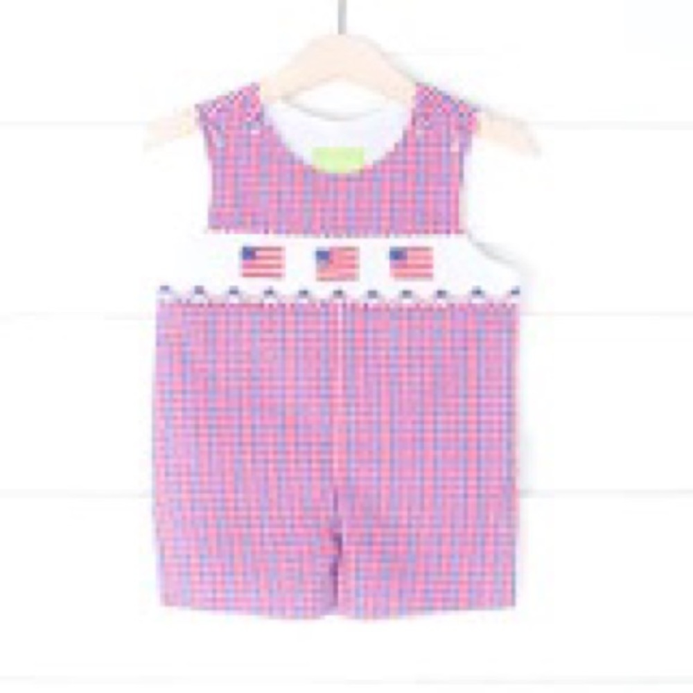 Smocked Auctions Flag Smocked Red White Blue Plaid Jon Jon Shortall 9 Mos - NWT